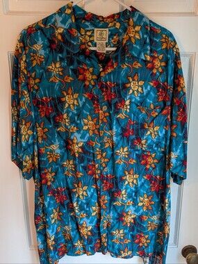 Vtg 90s Funky Tropical Hawaiian Shirt - Orange Blue
